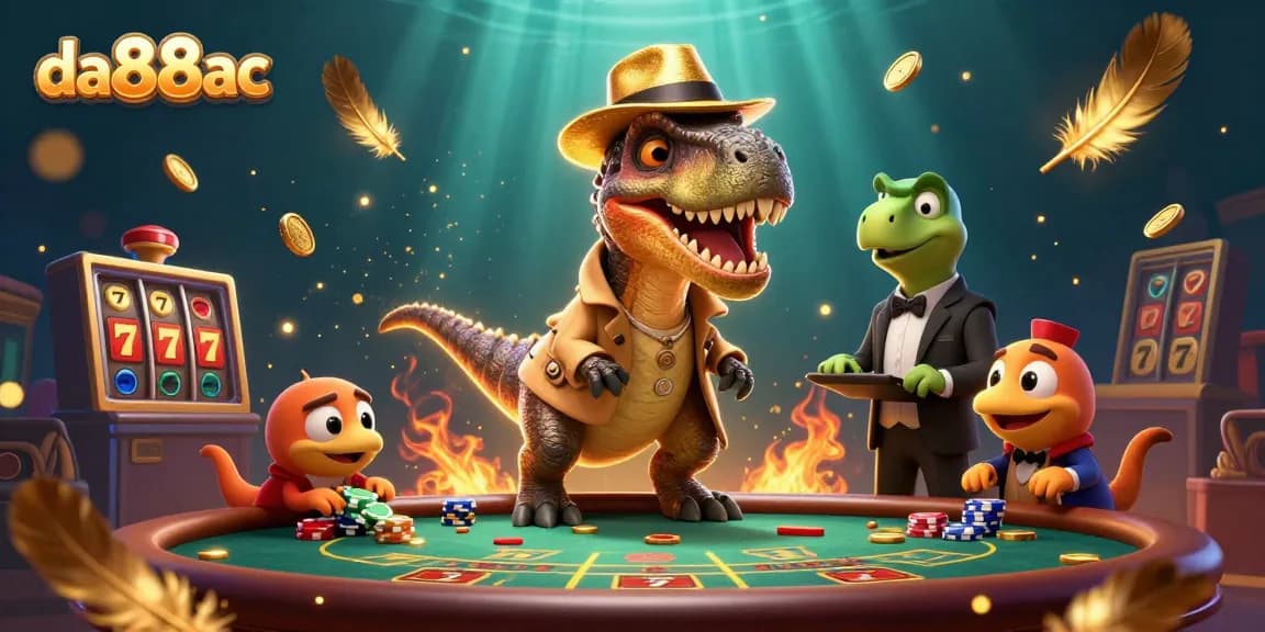 da88ac cards collide in a bustling casino scene with cartoon dinosaurs and vibrant gambling elements