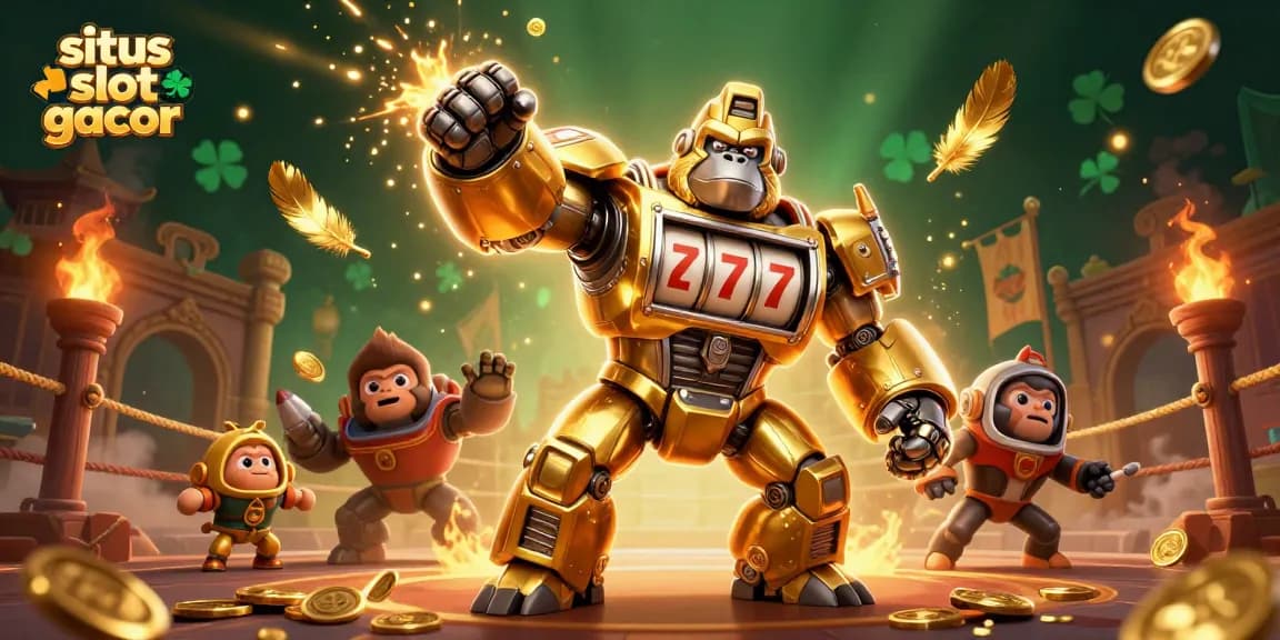 Engage with situs slot gacor through a vibrant scene featuring a golden gorilla mech and sparks of luck.