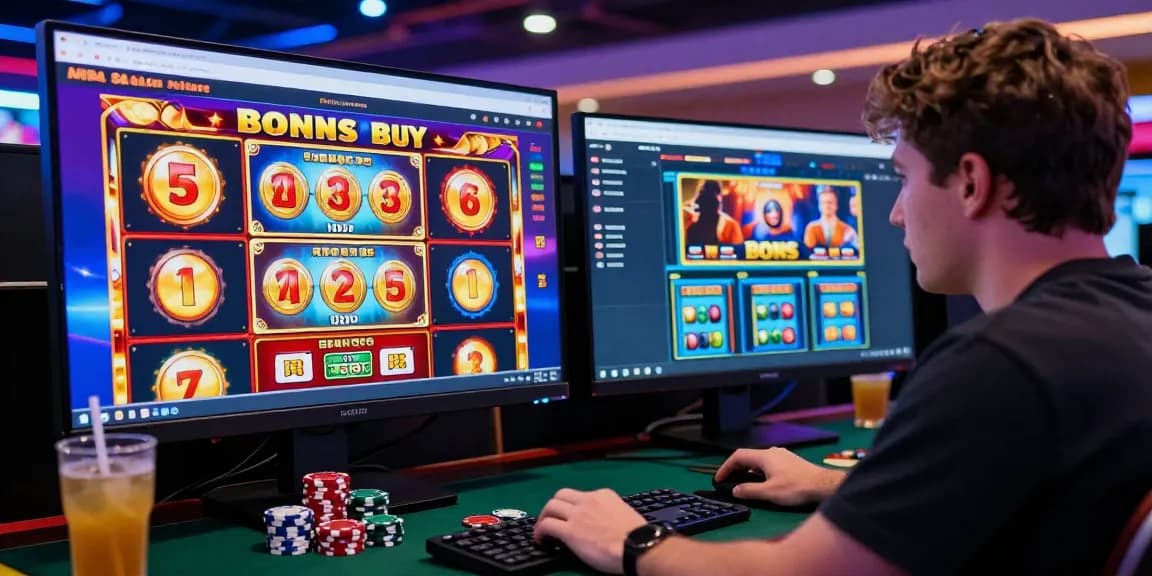 Engaged player enjoying bonus buy slots at https://crownnorthill.co.uk/ with vibrant graphics and poker chips.