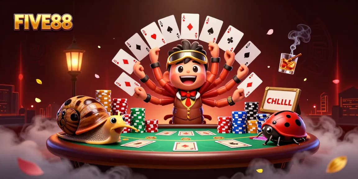Join the excitement at FIVE88 with a thrilling 3D cartoon dealer and vibrant casino scene.