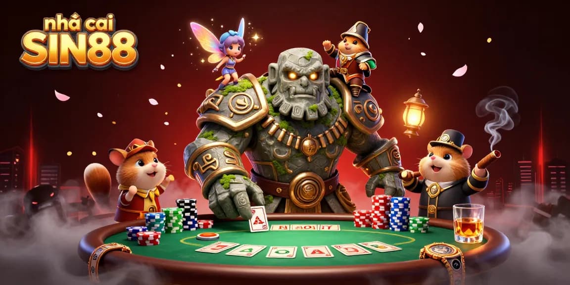 Experience the excitement with nhà cái SIN88, blending game elements with magical characters in a vibrant casino scene.