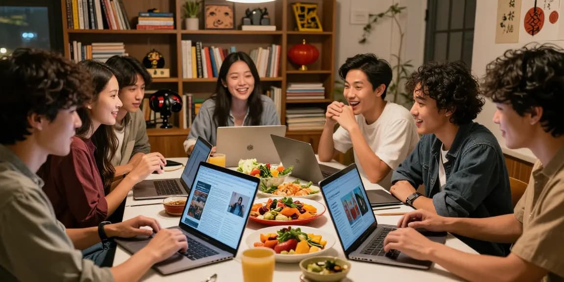 Diverse friends engaging with cultural content from https://hanadultalk.com featuring Asian cuisine and pop culture discussions.