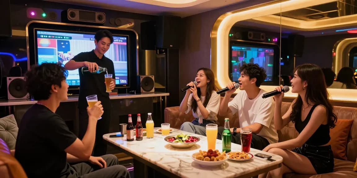 강남 가라오케에서 친구들과 함께 즐거운 밤을 보내는 모습, 프라이빗 룸과 화려한 조명이 특징입니다.