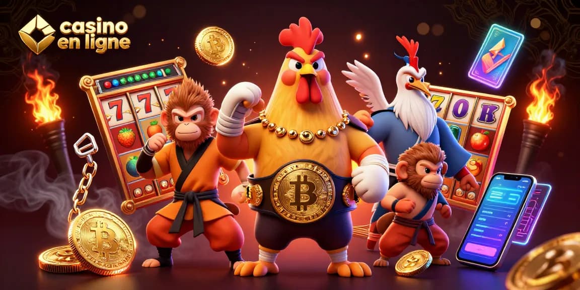 Jouez à des jeux sur casino en ligne avec cette illustration colorée de personnages de combat animés.