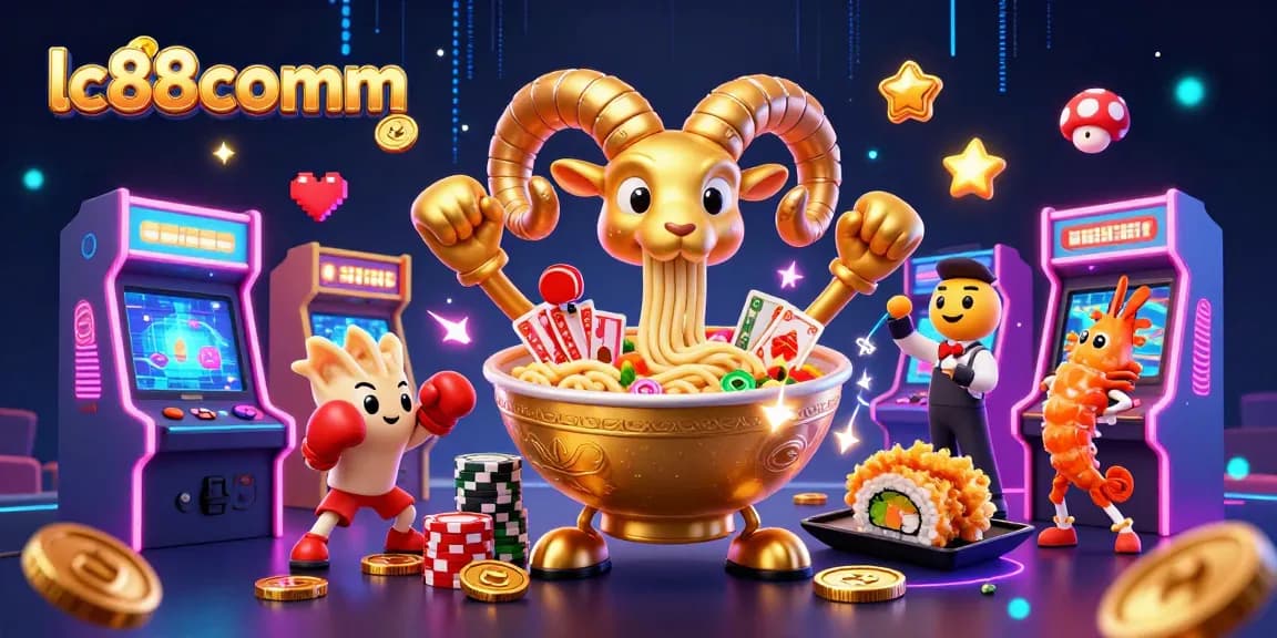 Experience fun at lc88comm with a vibrant 3D casino illustration full of games and excitement.