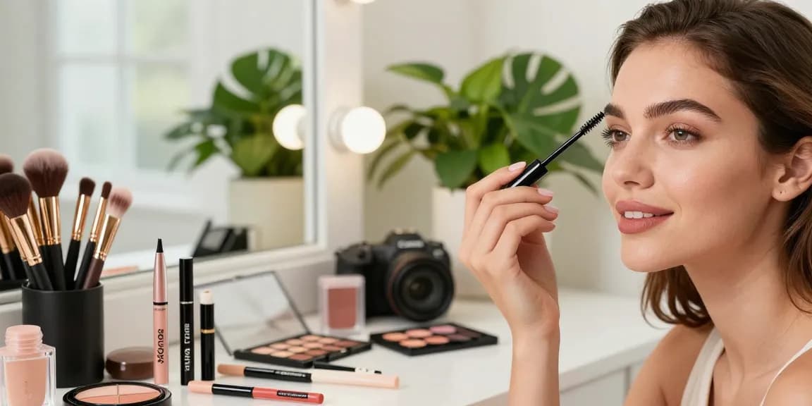 Applying the skone cosmetics brow wand for perfectly defined brows in a chic beauty setting.