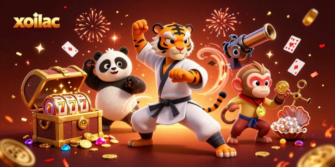Engage with xoilac's dynamic gaming scene featuring a kung fu tiger and vibrant casino elements.