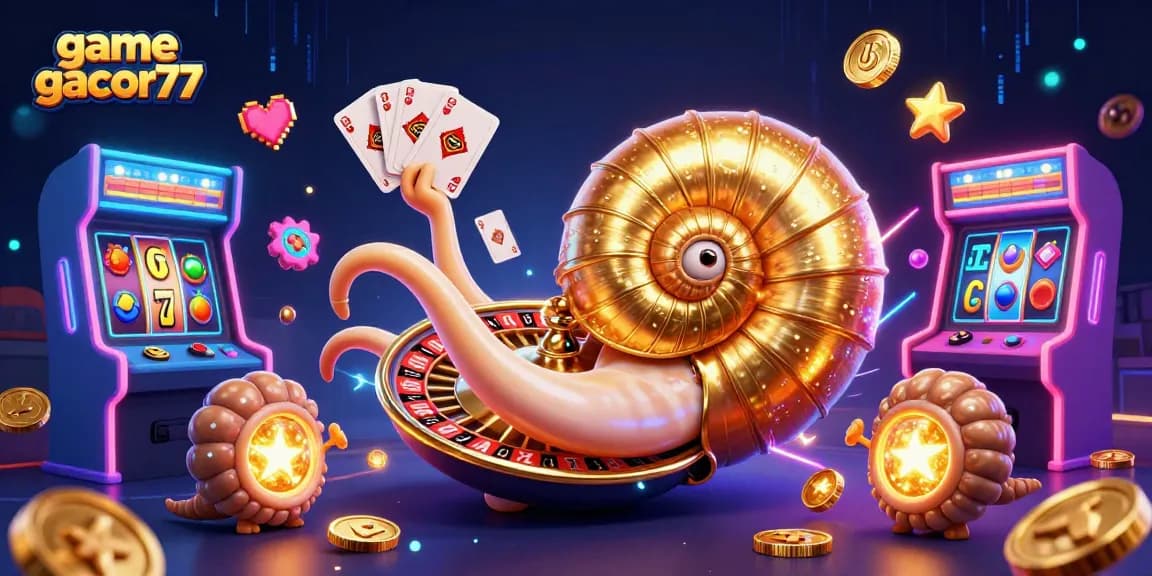 Menangkan permainan game gacor77 dengan ilustrasi kasino penuh warna yang menampilkan berbagai simbol slot dan detail gemerlap.