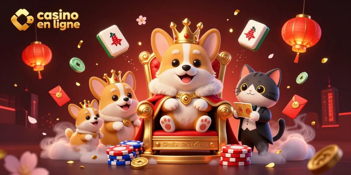 Le casino en ligne immersif, présentant un corgi royal gazouillant sur un trône de jetons, entouré de lanternes dorées.