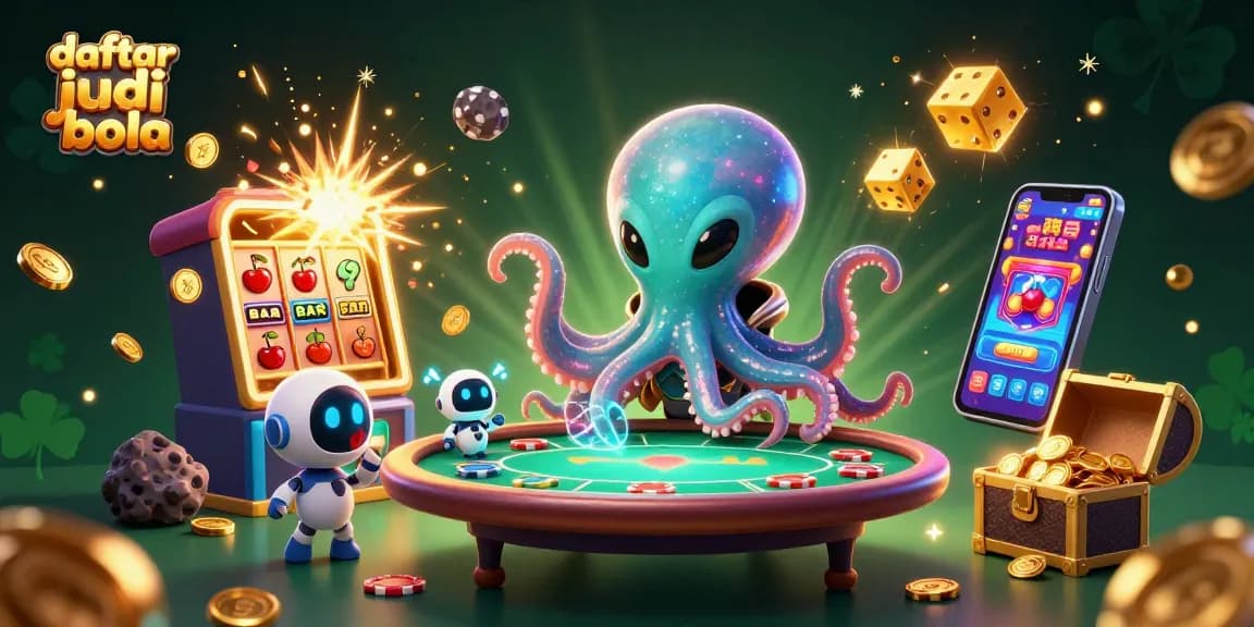 Explore daftar judi bola with an alien octopus at a dynamic casino scene featuring thrilling games and holographic action.