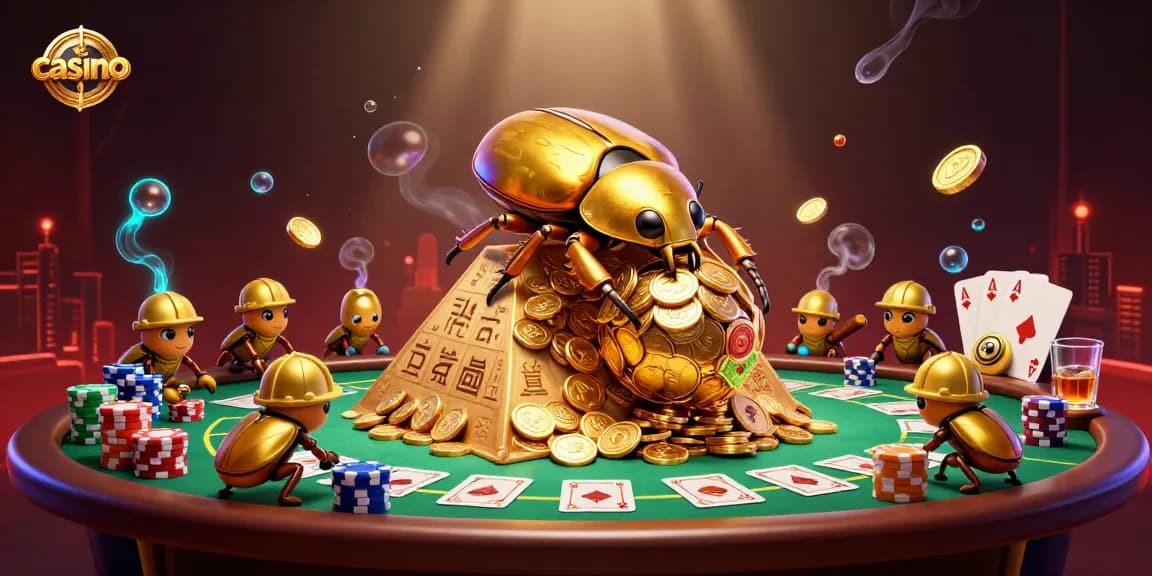 Casino scene with a golden beetle rolling coin ball, poker table, and vibrant game elements.