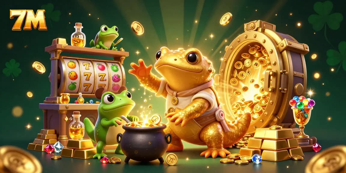 Spin the reels with 7M characters in a vibrant casino scene full of gold and excitement.