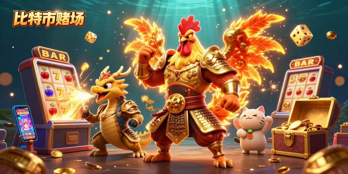 探索比特幣賭場的奧秘，看到戰鬥公雞與龍娃慶祝贏得的大獎遊戲。