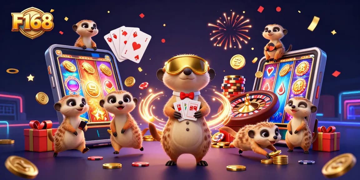 F168 meerkats managing a vibrant casino scene with dynamic games and lively action.