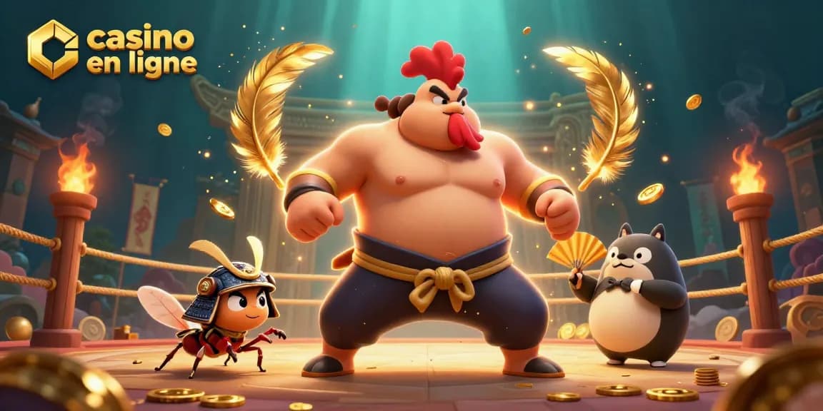 Le casino en ligne offre une ambiance dynamique avec un sumo, un criquet en armure et un tanuki au fanion.