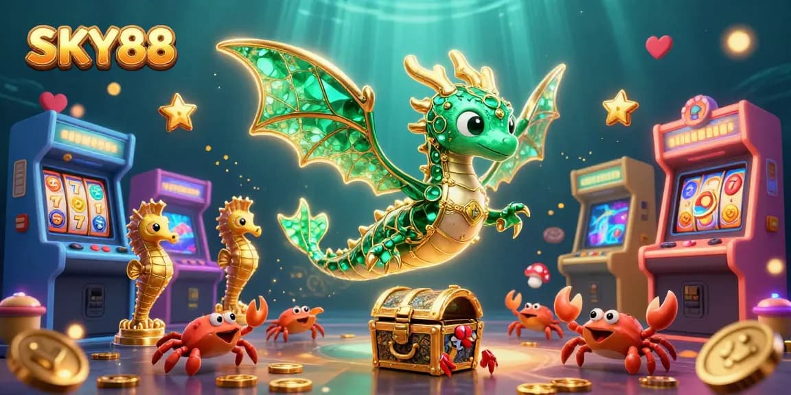 Engage with SKY88’s thrilling slots featuring a vibrant sea dragon and treasure-filled scene.