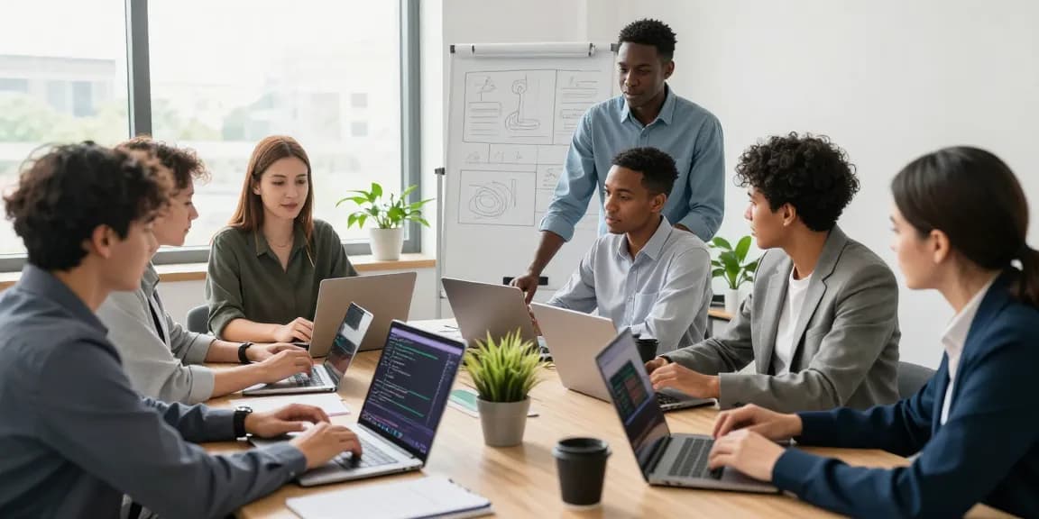 Team collaborating on bdtjl software solutions in a modern office