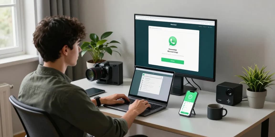 WhatsApp下載 on a laptop in a modern home office setup.