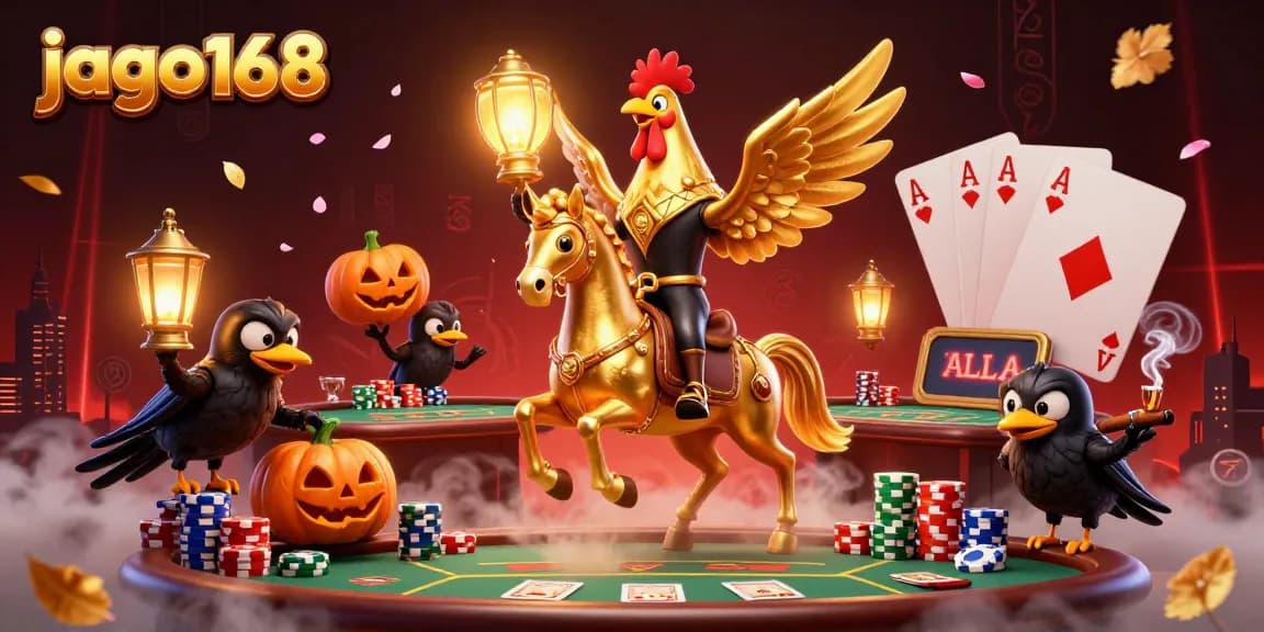Engage in thrilling gameplay with the jago168 golden rooster riding through a vivid casino.