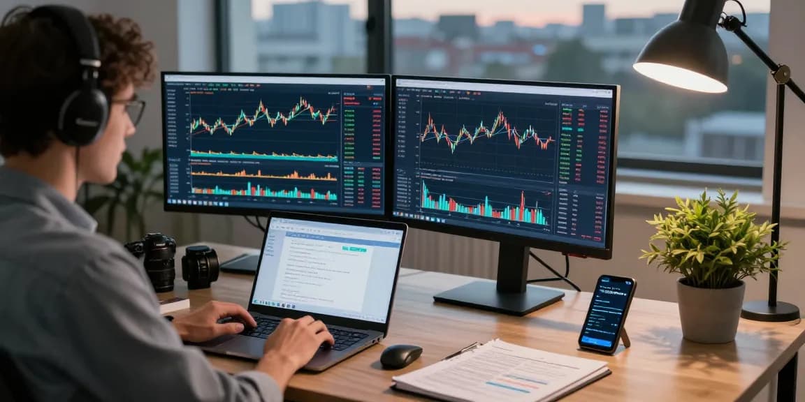 Trader analyzing MT5 trading data on dual monitors in a modern office setting.