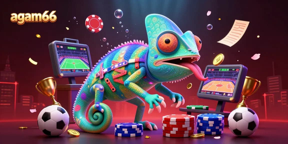 Engage in the thrill of sports betting with agam66, featuring a vibrant chameleon casino owner and dynamic game elements.