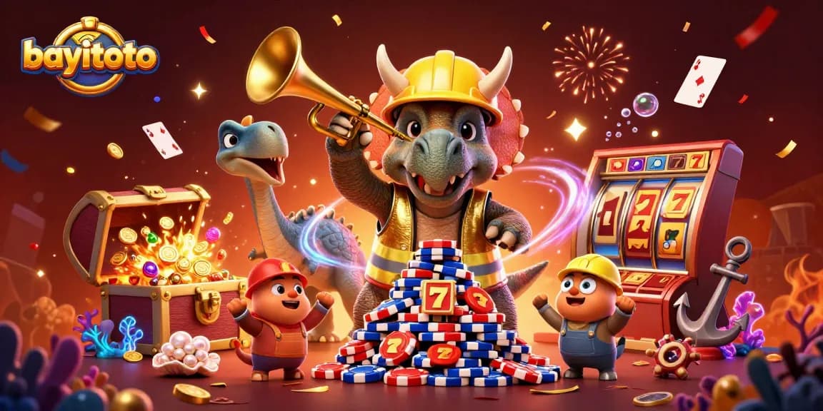 BAYITOTO platform showcases a colorful casino celebration with unique 3D characters and vibrant gaming elements.