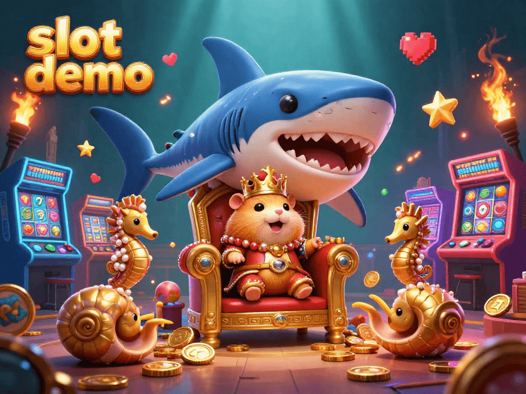 Slot demo menampilkan ilustrasi kartun 3D tentang raja hamster dengan gigi megalodon dan elemen permainan slot di sekelilingnya.