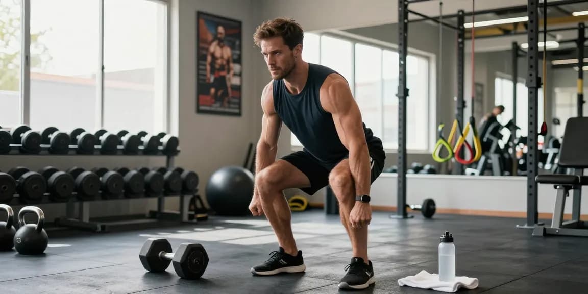 Driada Shop showcases a fitness lifestyle scene with an athlete lifting weights in a modern gym, emphasizing wellness and strength.