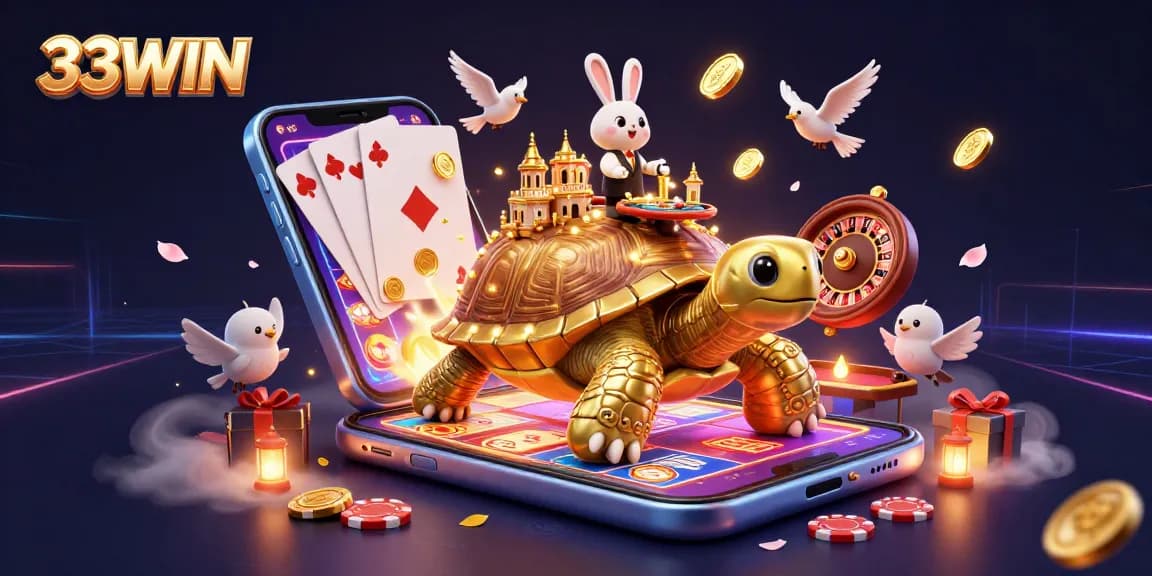 33WIN showcases vibrant casino action with a golden tortoise and rabbit dealer in a lively scene.