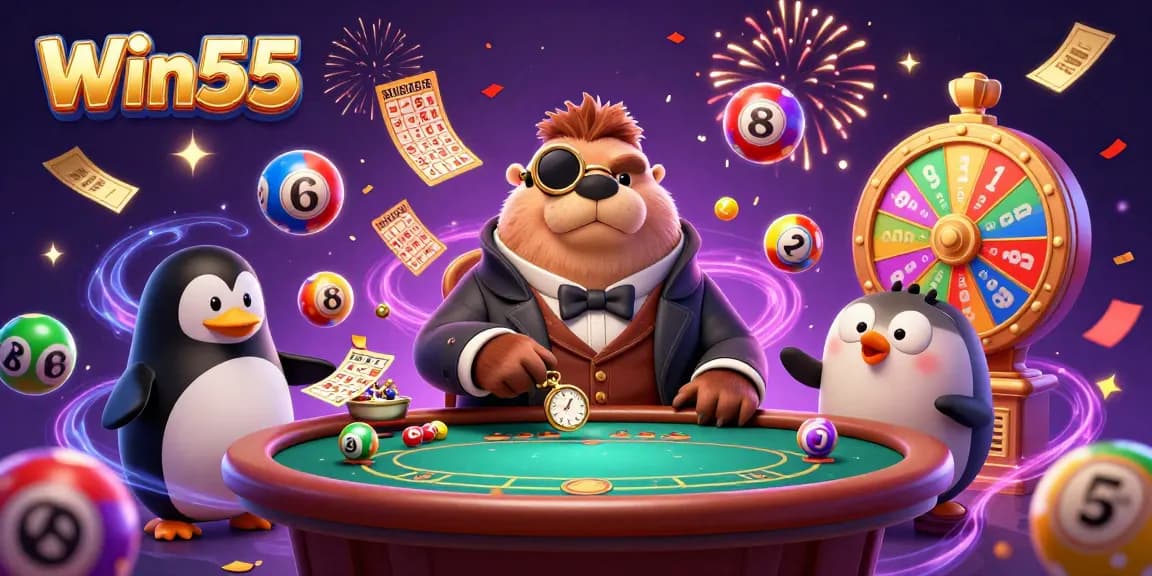 Win55 featured a jolly walrus, penguin dealer, and pufferfish in an exciting underwater casino game scene.