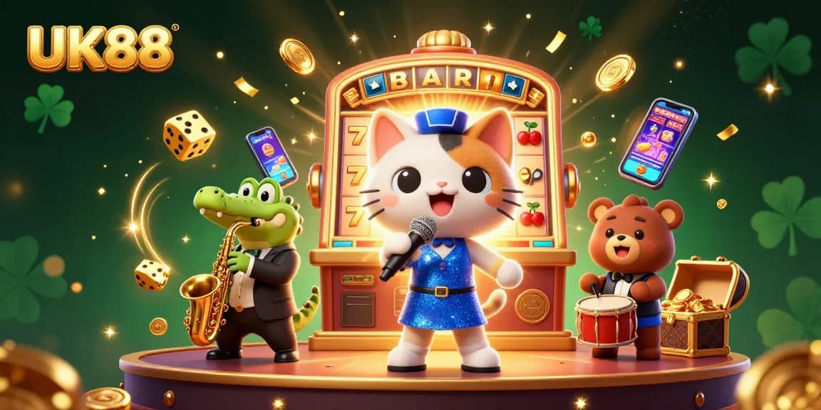 Experience the excitement of UK88 with a vibrant casino scene featuring fun cartoon characters and a jackpot explosion.