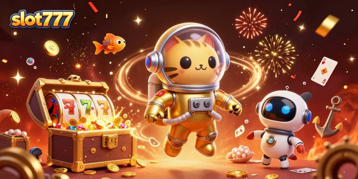 Permainan slot777 yang menarik dengan karakter kucing astronot dan anjing robot di latar luar angkasa.