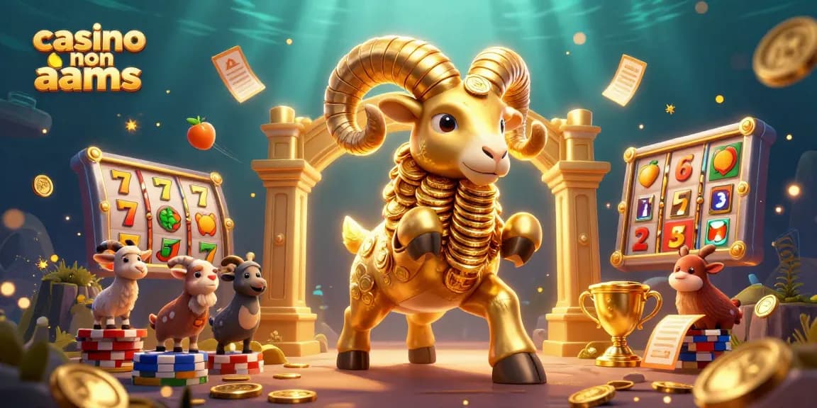 Gioca ai casinò non AAMS, con simboli di slot e un ariete dorato che rappresenta la fortuna.