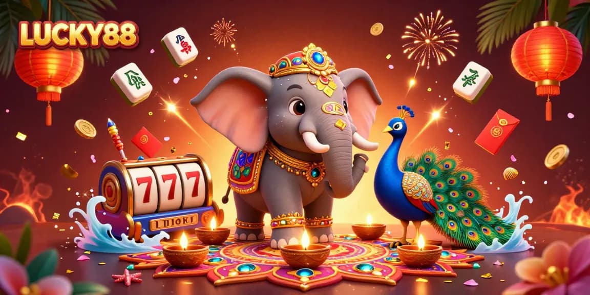 Experience winning moments with LUCKY88 through this vibrant casino illustration featuring festive elements and slot symbols.