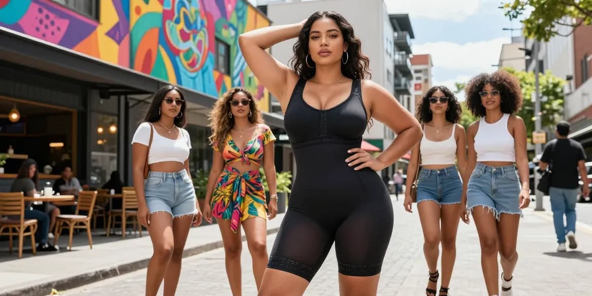 GOKIL33 Colombian Shapewear Galess memperlihatkan perempuan percaya diri dengan gaya modis di jalanan kota.