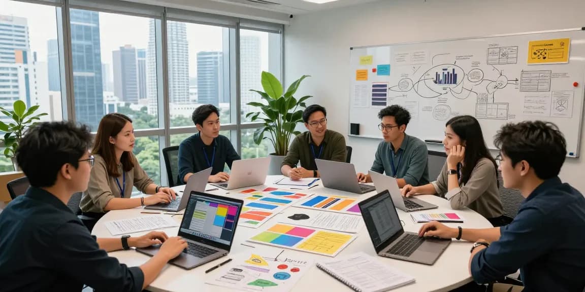 Team of diverse professionals brainstorming at a creative agency Kuala Lumpur, vibrant mood boards in modern workspace.