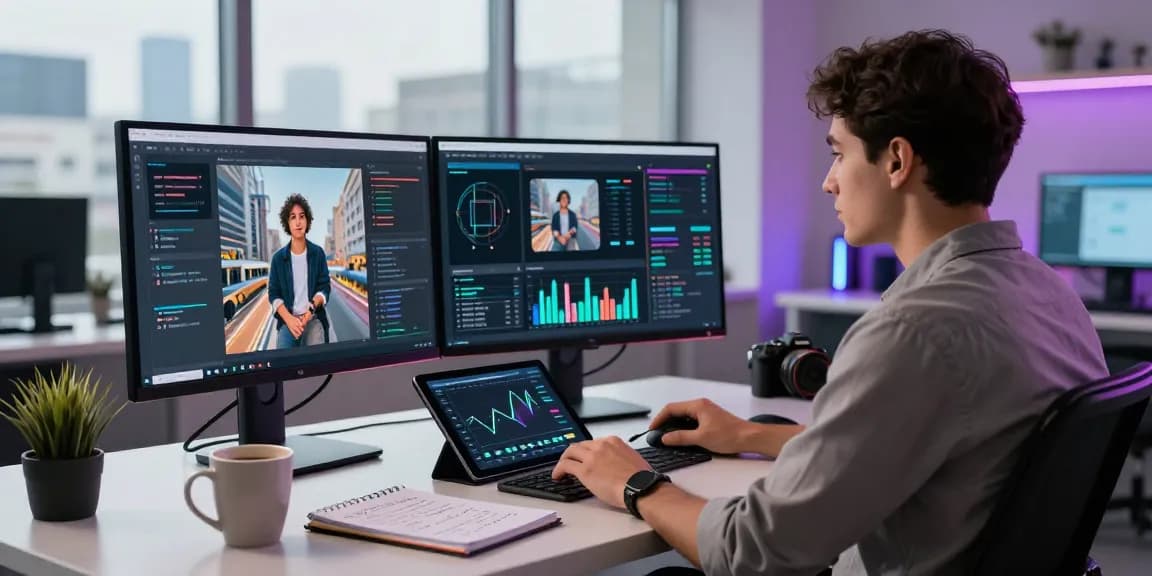Data analyst using an ai image detector tool to analyze AI-generated images in a modern tech workspace.