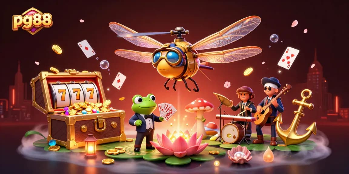 Experience the excitement of pg88 with a vibrant 3D scene featuring casino characters, slot reels, and rich treasures.