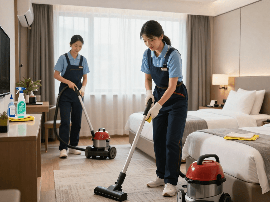 Professionelle Hotelreinigung in Dortmund mit geschultem Personal, das Zimmer und Gemeinschaftsbereiche gründlich reinigt.