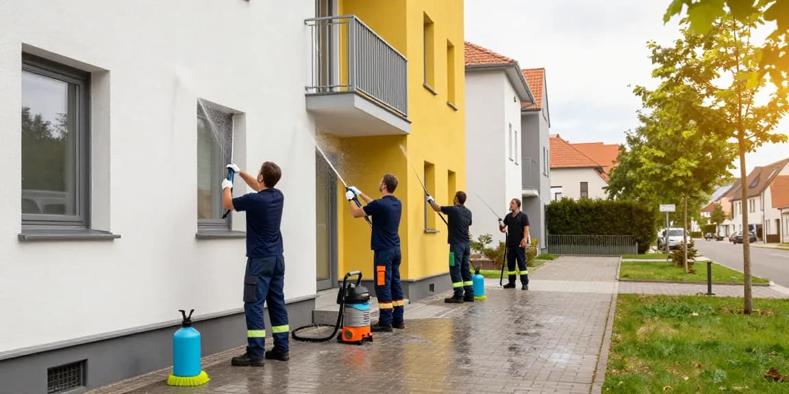 Reinigung Bad Hersfeld: Professionelles Team reinigt die Fassade eines Gebäudes mit umweltschonenden Mitteln.
