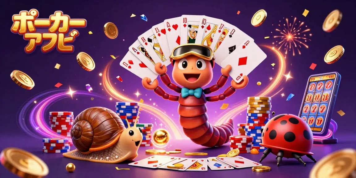 ポーカー アプリのシーンで、興奮したキャラクターたちが華やかにカードを楽しむ様子。