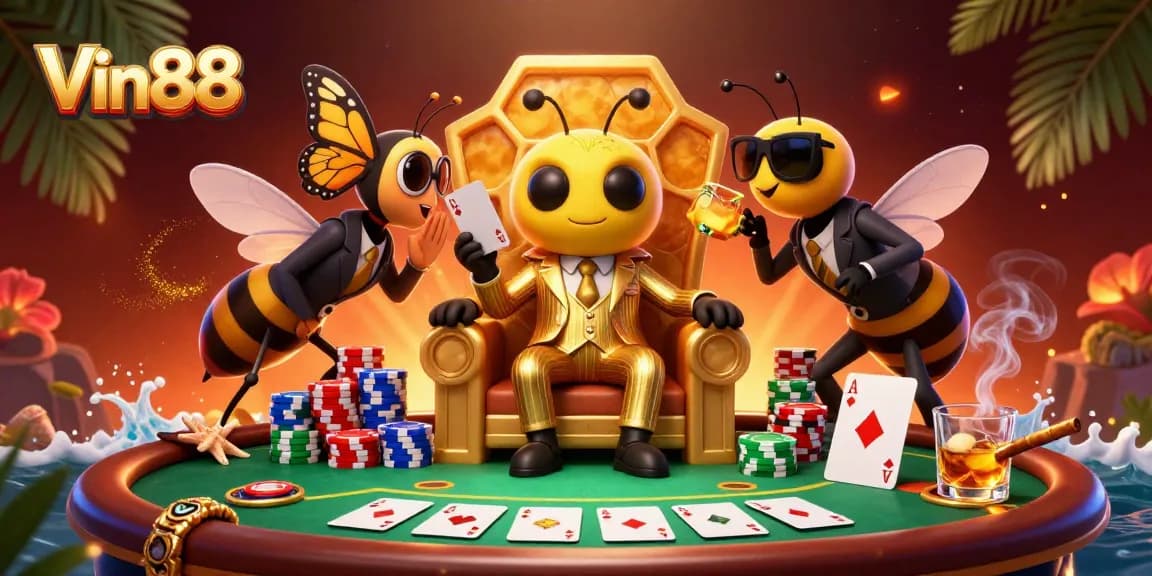 Experience Vin88's thrilling poker action with a vibrant 3D casino scene filled with animated characters.
