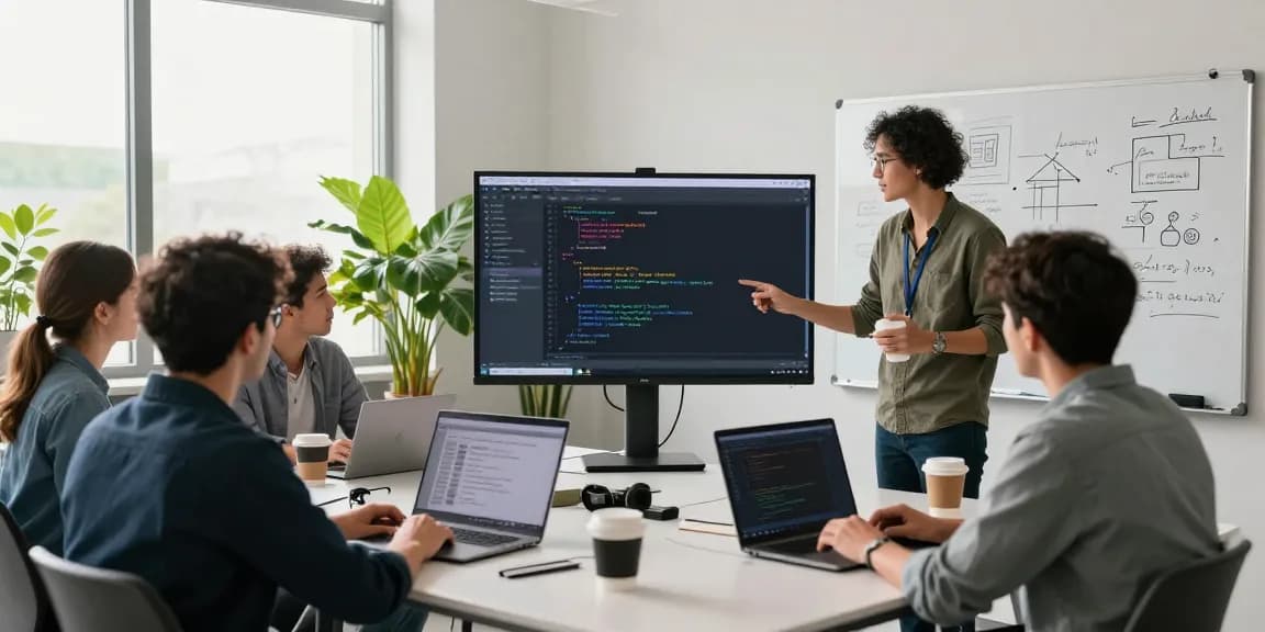 Kotlin app development training in a collaborative tech workspace with developers engaging over code and project designs.