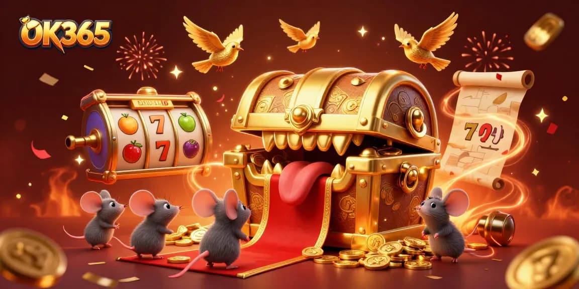 Engage with thrilling slot adventures at OK365, featuring a dynamic treasure chest and vibrant casino elements.