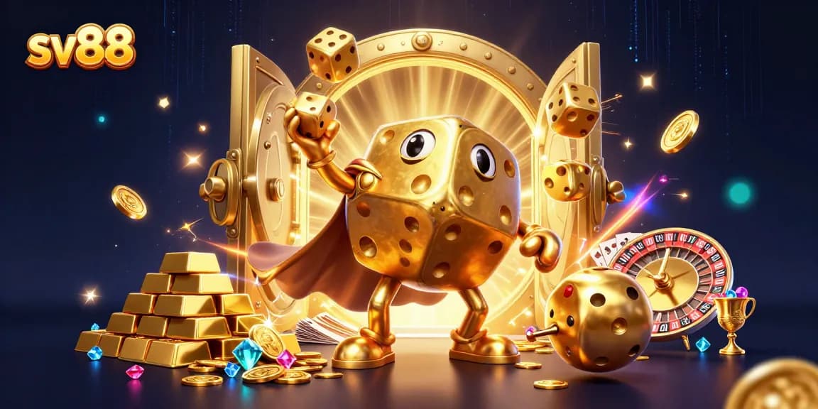 Engage in thrilling gameplay with sv88's vibrant casino adventures featuring golden dice and treasure.
