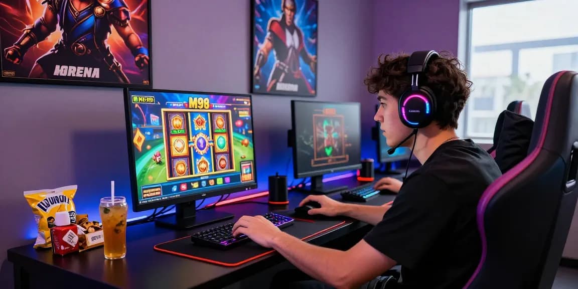 Engaged gamer playing M98 สล๊อตเว็บตรง on a high-performance laptop, surrounded by snacks and colorful gaming ambiance.