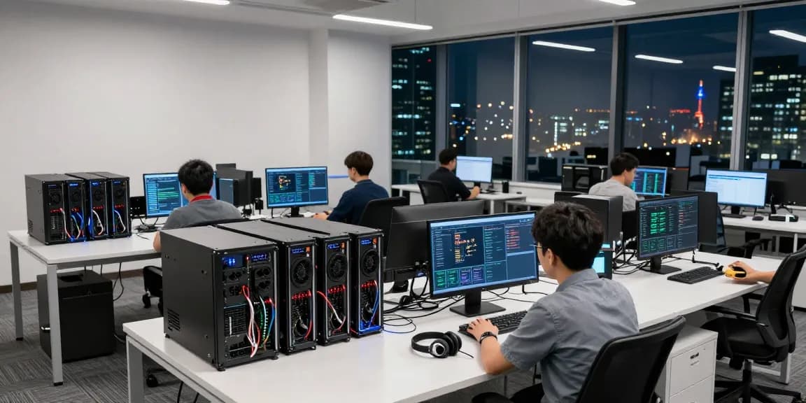 Crypto mining service in a modern office setup with high-tech mining equipment and digital displays.