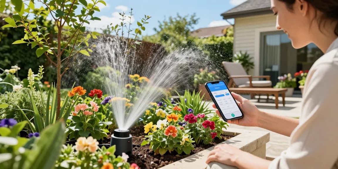 Smart sprinkler watering a colorful garden while a homeowner controls it via smartphone, showcasing modern irrigation.