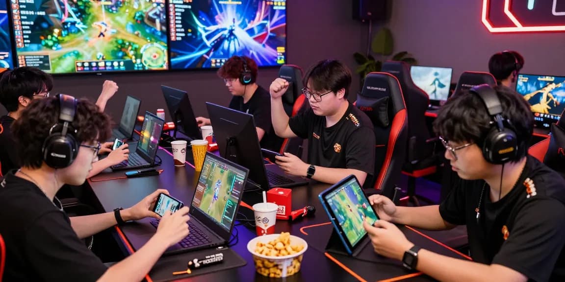 Diverse group of gamers celebrating victories and strategizing in an engaging mantra88 online gaming environment.