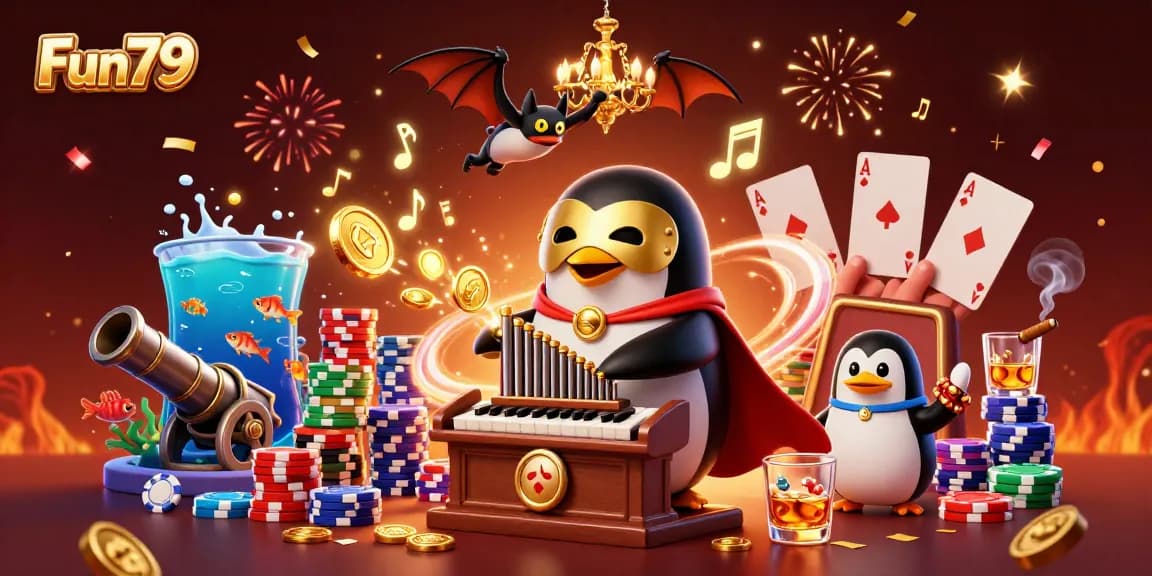 Experience the excitement of Fun79 with a 3D penguin playing an organ that shoots golden coins in a vibrant casino scene.